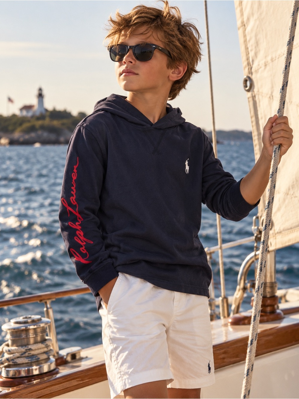 Ralph Lauren Navy Crewneck Hoodie with Red Sleeve Script Boys size M 10-12